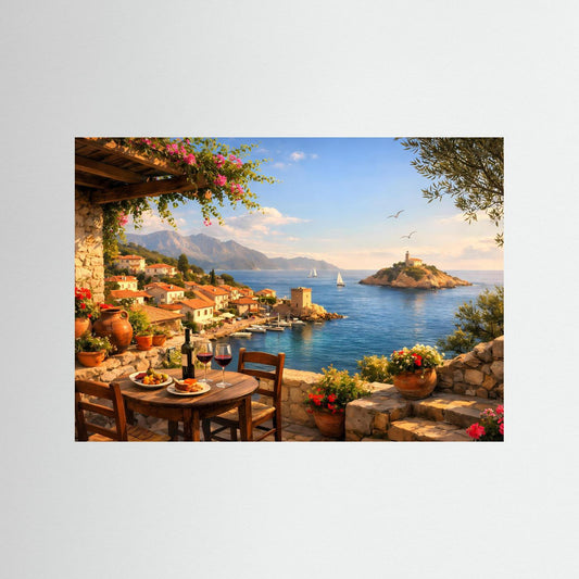 Sommer-Panorama-Poster im Querformat: Terrasse am Meer mit Weinflaschen und Booten