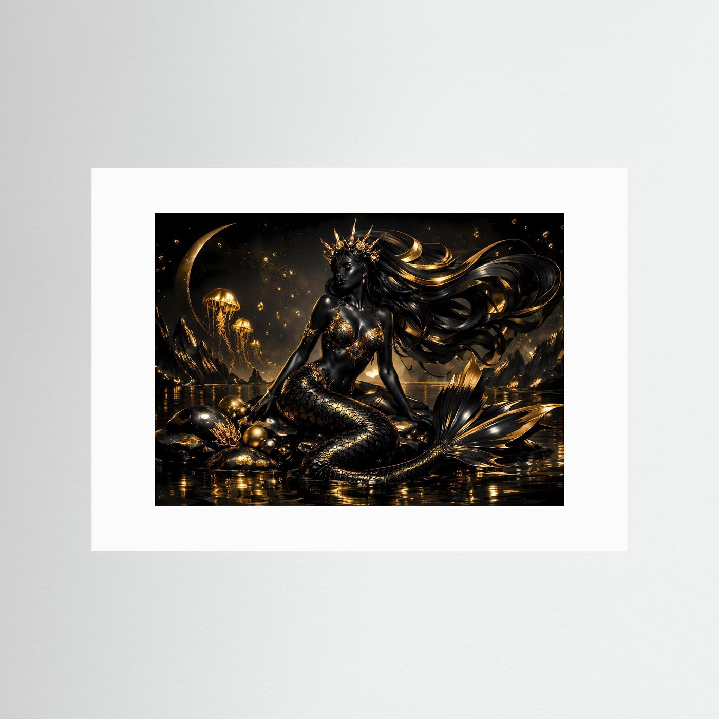 Schwarze Meerjungfrau mit Goldkrone & Quallen | Mystisches Wandbild Querformat