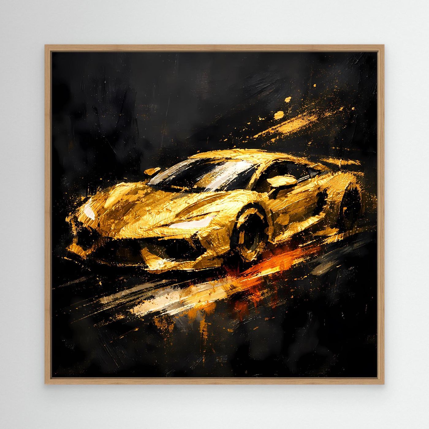 Leinwand Goldener Sportwagen Abstrakt | Modernes Rennwagen Wandbild Schwarz Gold