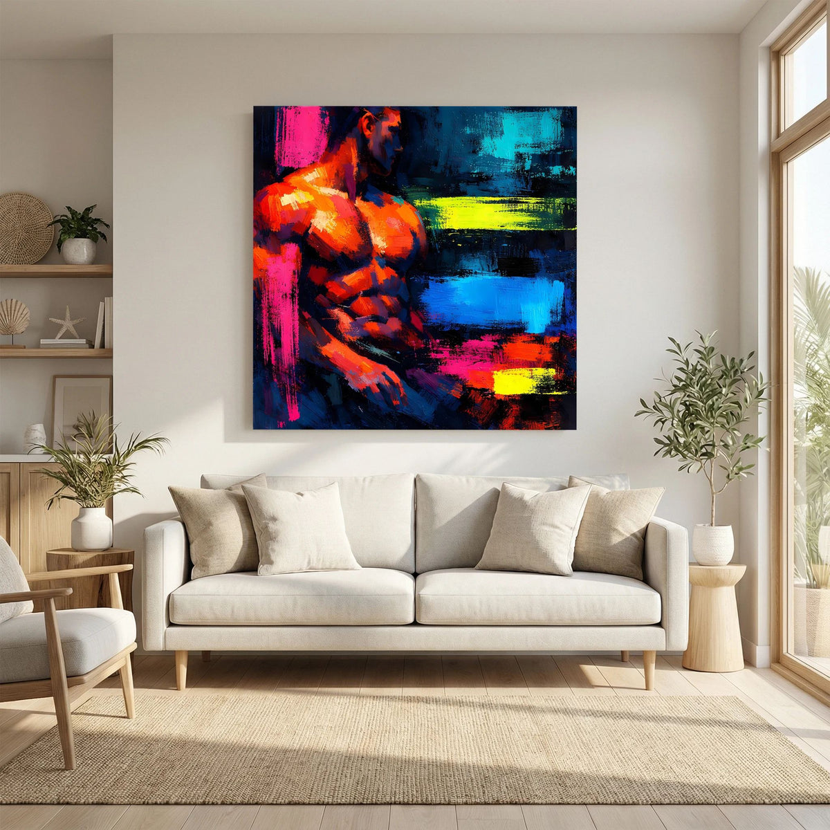 Leinwandbild mit abstraktem männlichem Torso in Neon-Optik auf Holzkeilrahmen, Querformat