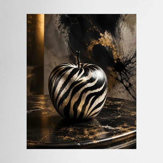 Kunstposter im Hochformat: Zebra-Apfel in Schwarz-Weiß mit goldenen Akzenten