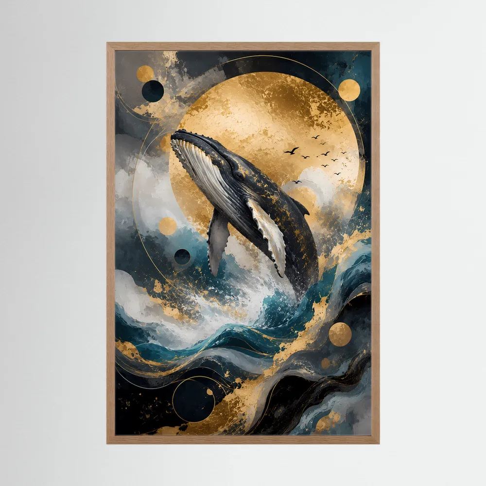 Buckelwal-Kunstposter im Hochformat mit hellem Holzrahmen, abstrakte Wellen und Mond
