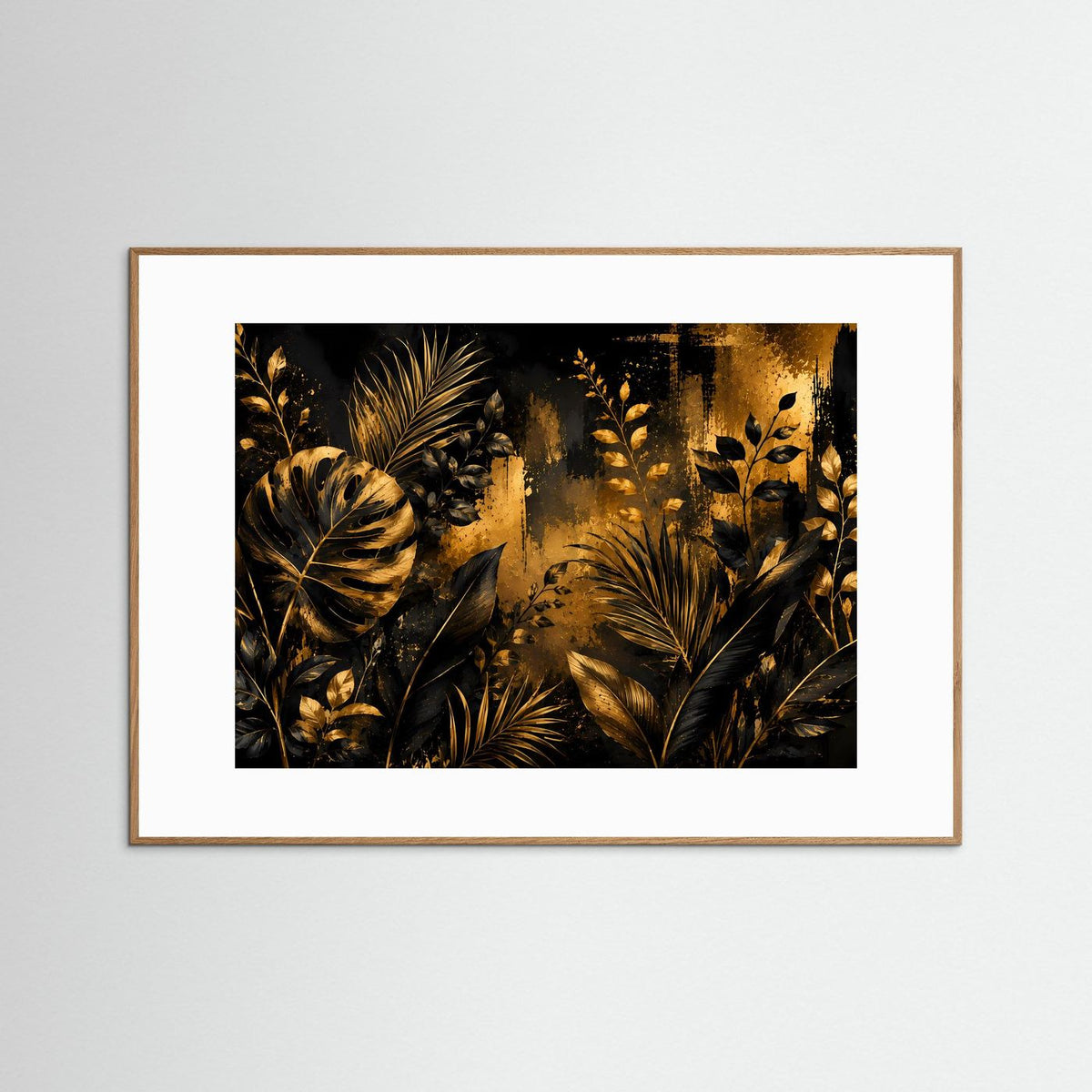 Querformat-Poster mit goldenen Tropenblättern auf schwarzem Hintergrund, helle Holzrahmenoptik