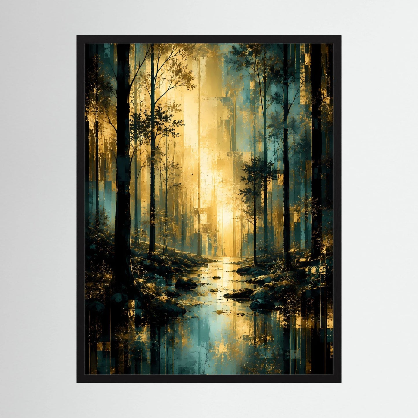 Poster Hochformat: Waldpfad am Wasser in Türkis und Gold, schwarzer Rahmen