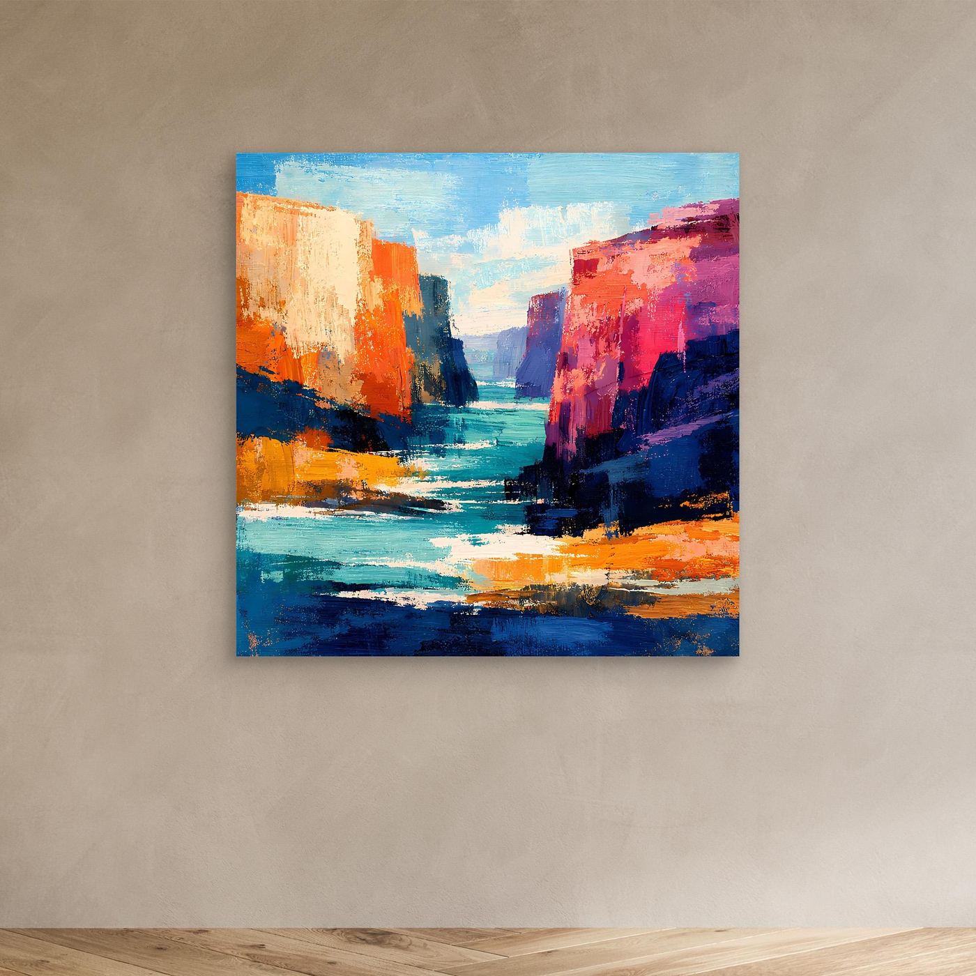 Abstraktes Leinwandbild mit Fluss und farbigen Felswänden, ohne Rahmen
