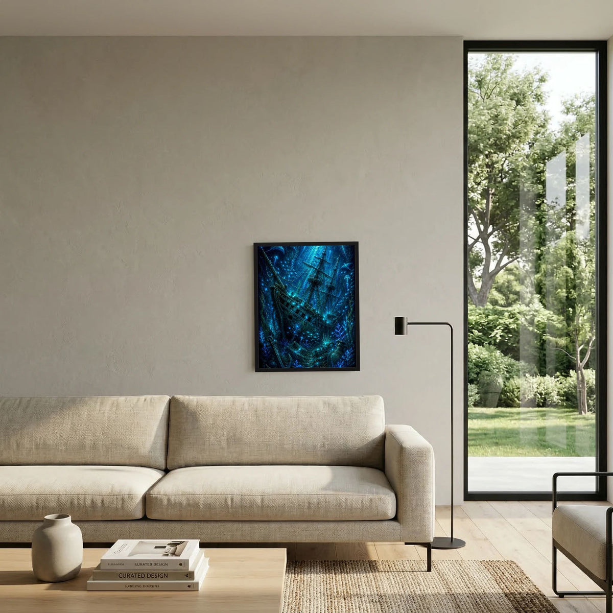 Kunstposter mit blauem Geisterschiff, schwarzer Rahmen