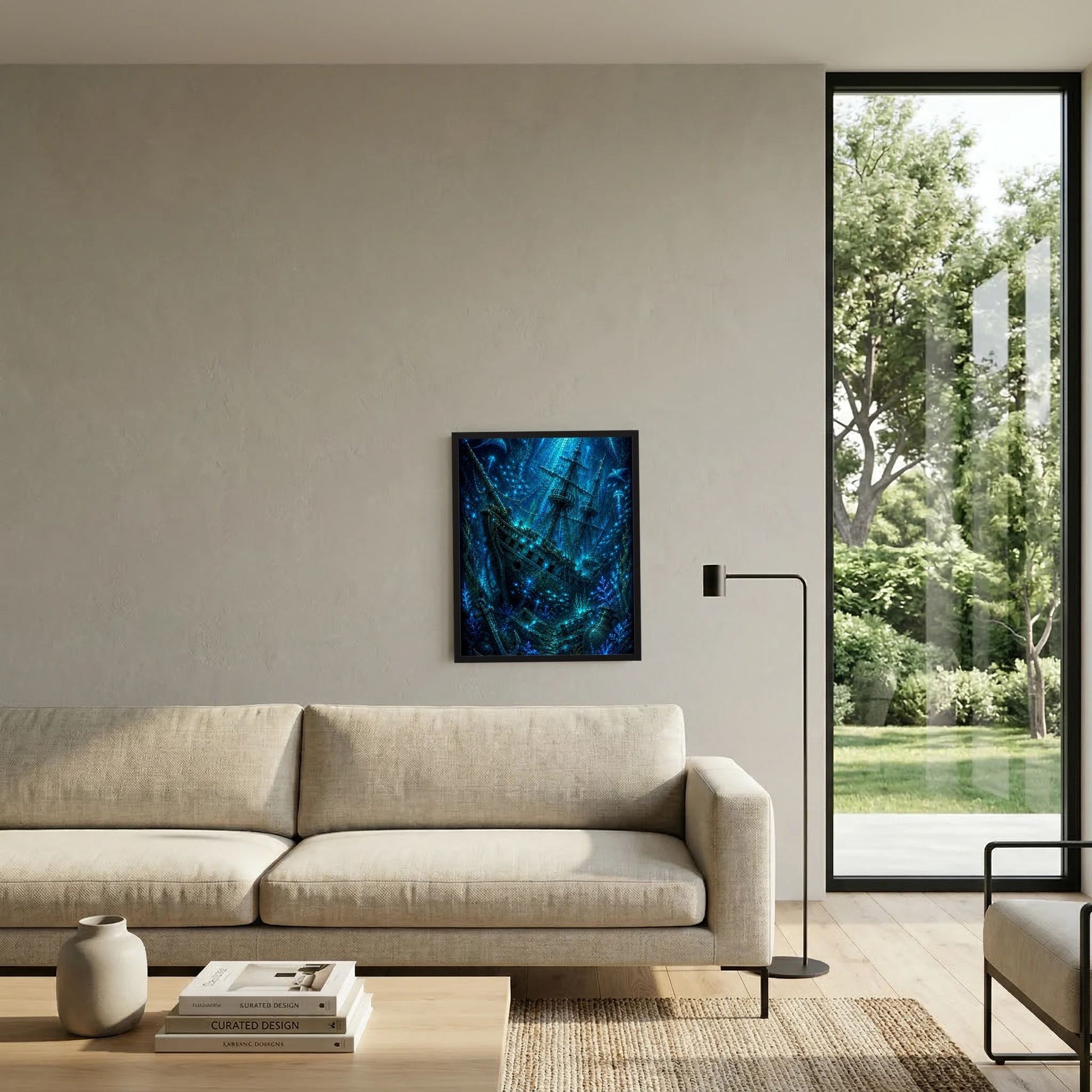 Kunstposter mit blauem Geisterschiff, schwarzer Rahmen