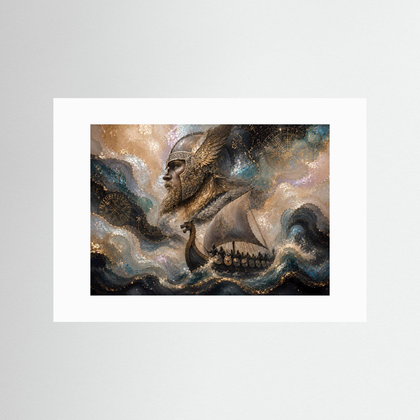 Querformat-Poster mit Passepartout: Wikinger im Drachenboot, Meeres- und Goldtöne