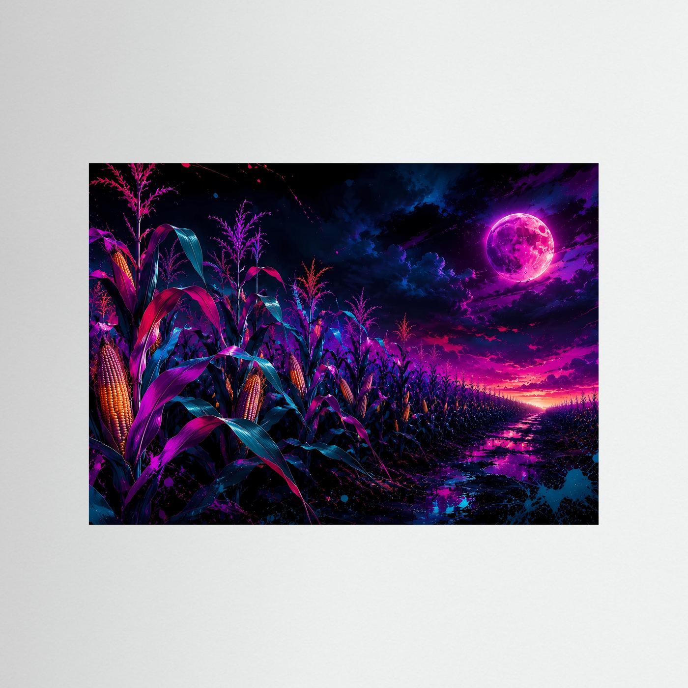 Neon-Maisfeld bei Vollmond | Mystische Fantasy-Landschaft in Pink, Lila & Blau