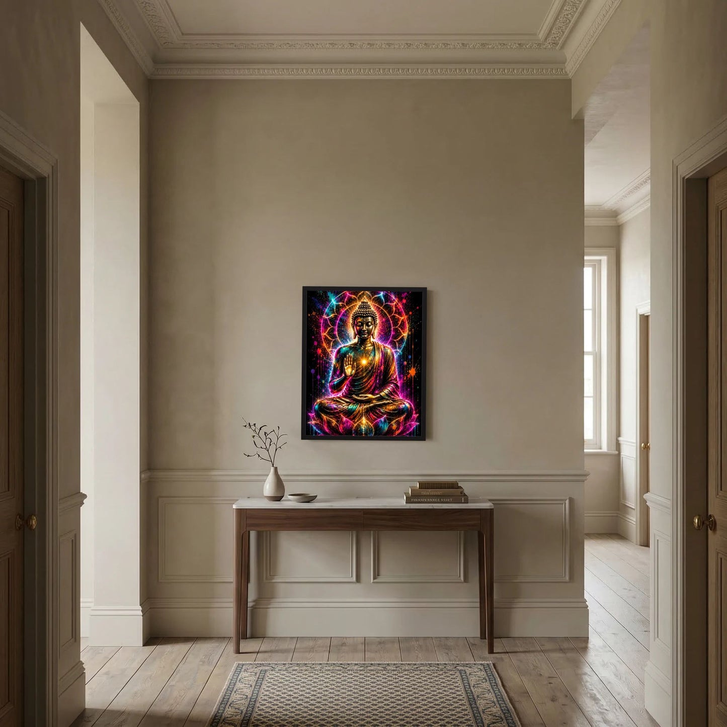 Neon-Buddha-Poster im schwarzen Rahmen: Buddha im Lotussitz, leuchtendes Kreisornament