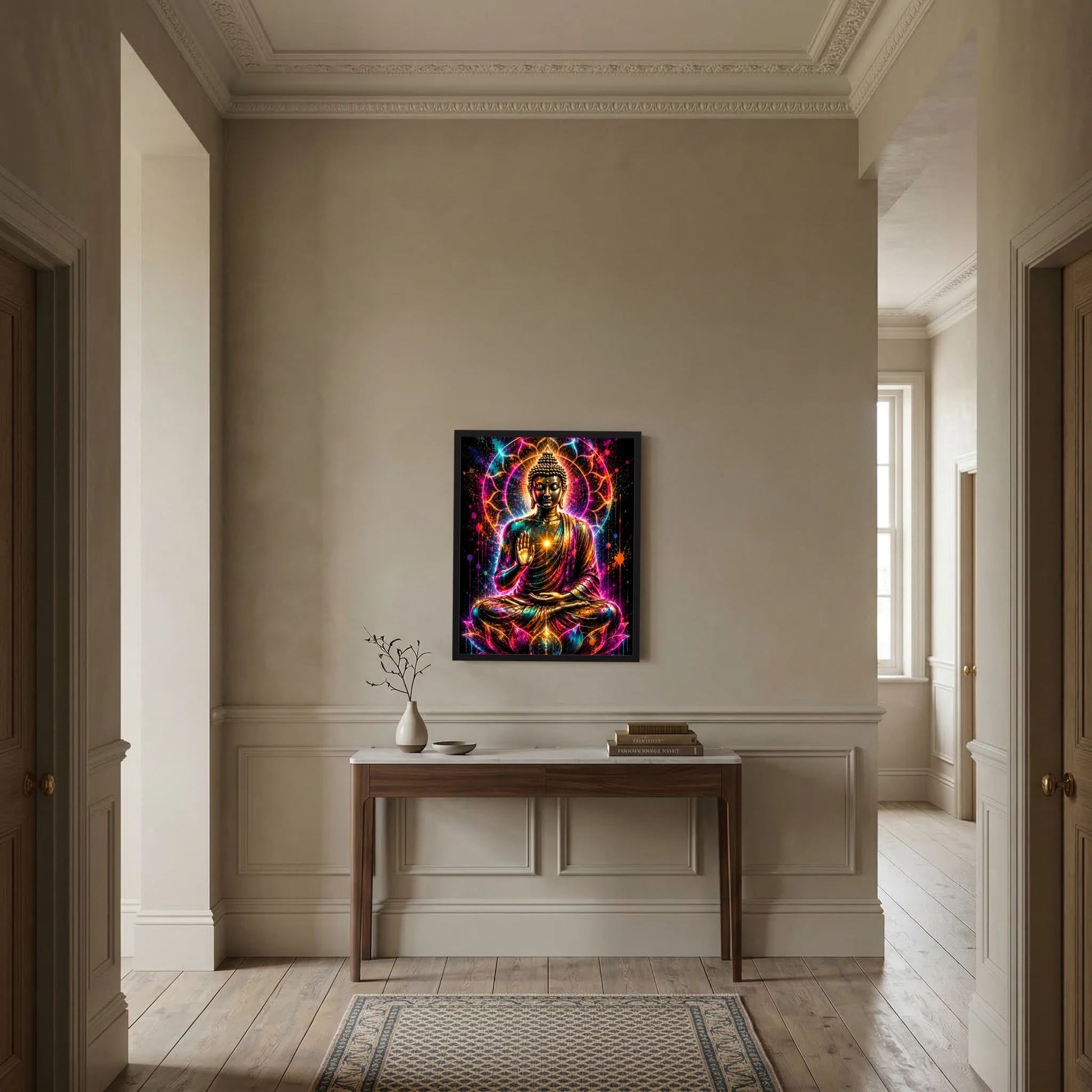 Neon-Buddha-Poster im schwarzen Rahmen: Buddha im Lotussitz, leuchtendes Kreisornament