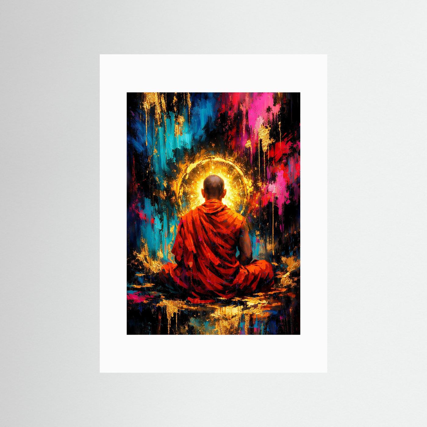 Poster mit sitzendem Mönch im Lotussitz, rotem Gewand und goldener Aura, abstrakt, mit weißem Rand