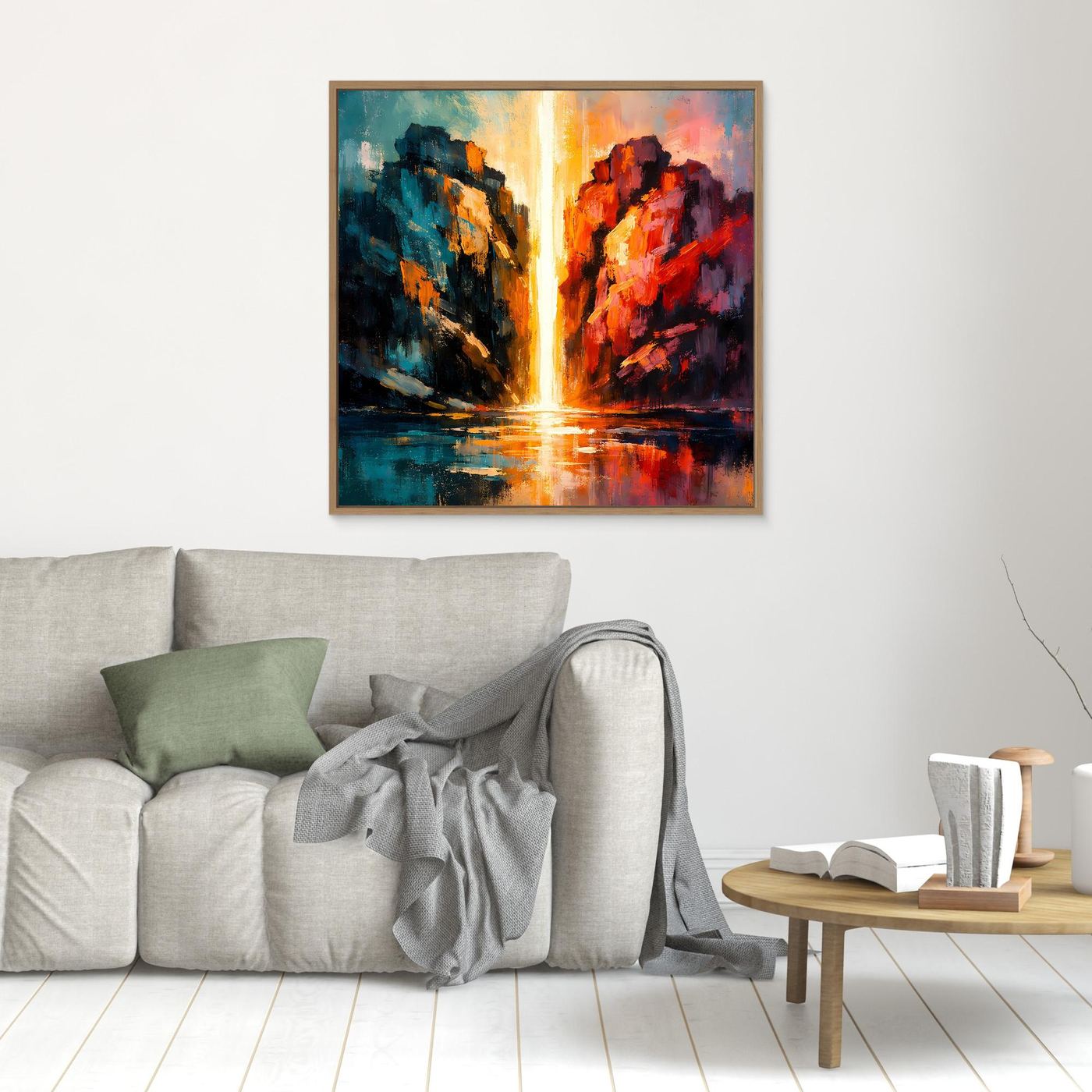 Premium Leinwand Magischer Lichtwasserfall im Canyon | Abstraktes Natur Wandbild farbenfroh