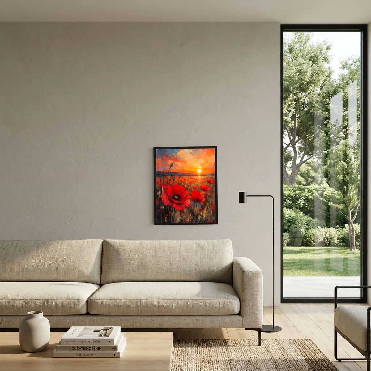 Gerahmtes Poster mit roten Mohnblumen und orangefarbener Sonne im abstrakten Sonnenuntergang