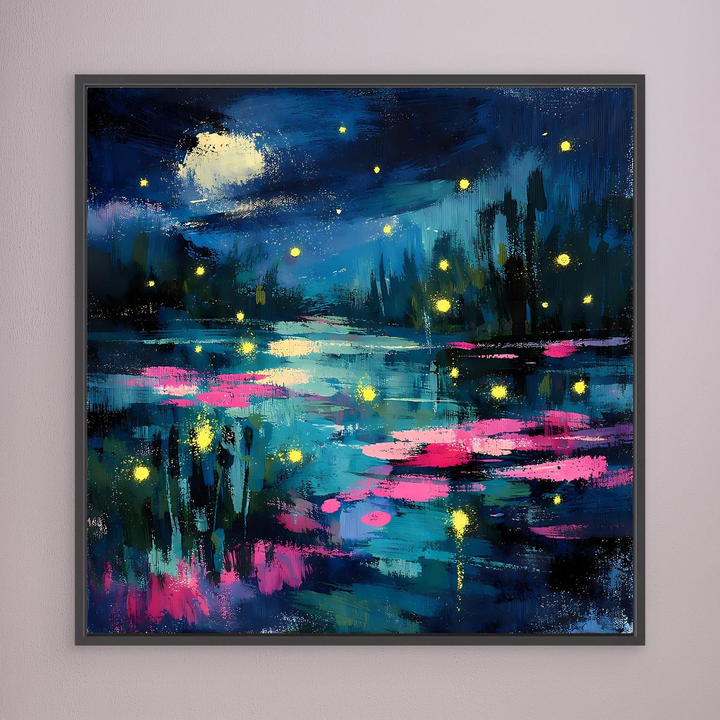Abstract night lake wall art with glowing fireflies and lily pads, blue and magenta reflections, black frame