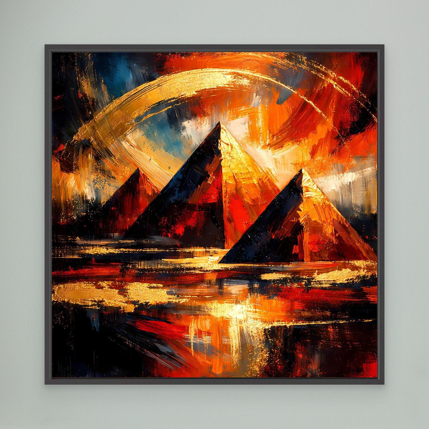 Leinwandbild mit abstrakten Pyramiden in Rot, Orange und Gold, dunkler Rahmen