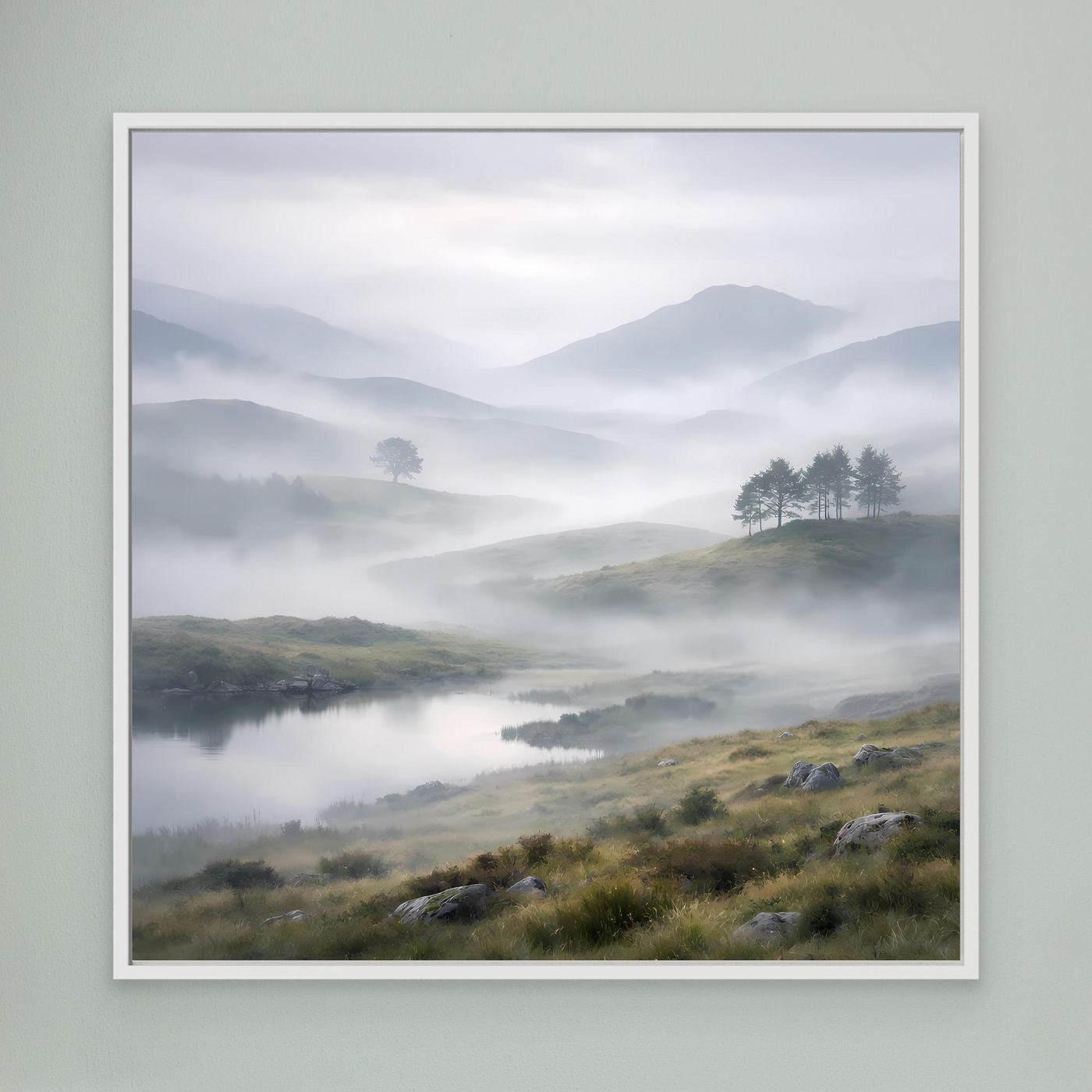 Leinwandbild mit Landschaft vom Bergsee im Nebel, weißer Rahmen
