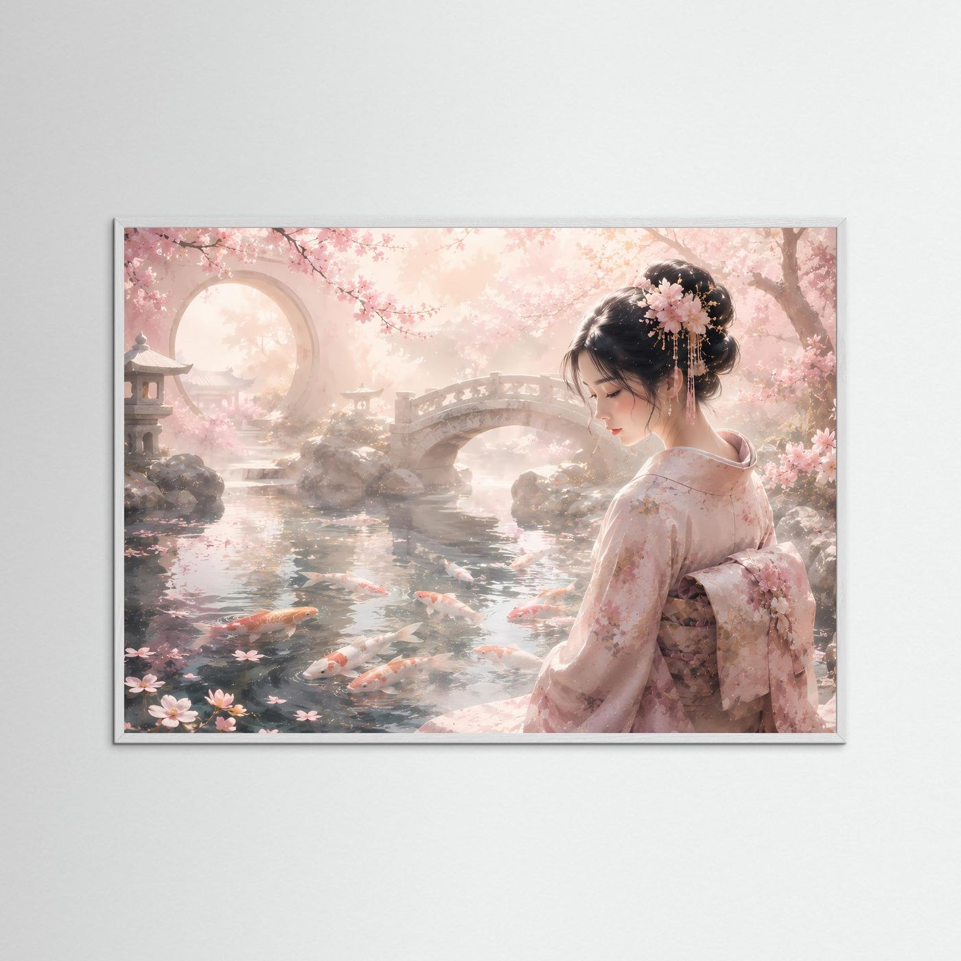 Japanisches Poster mit Geisha im Kimono am Koi-Teich und Kirschblüten, in Holzrahmen.