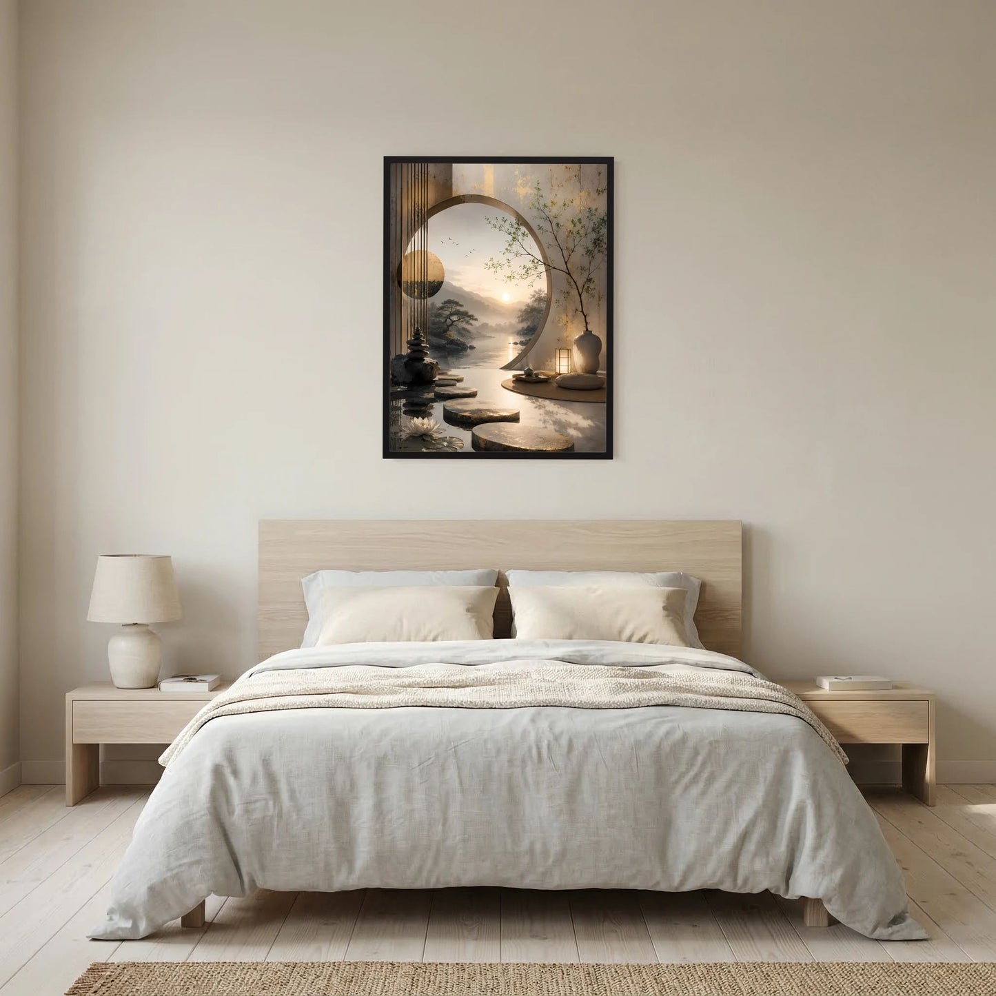 Hochformatiges Poster im schwarzen Rahmen mit Zen-Garten, Sonnenaufgang und Wasserpfad.