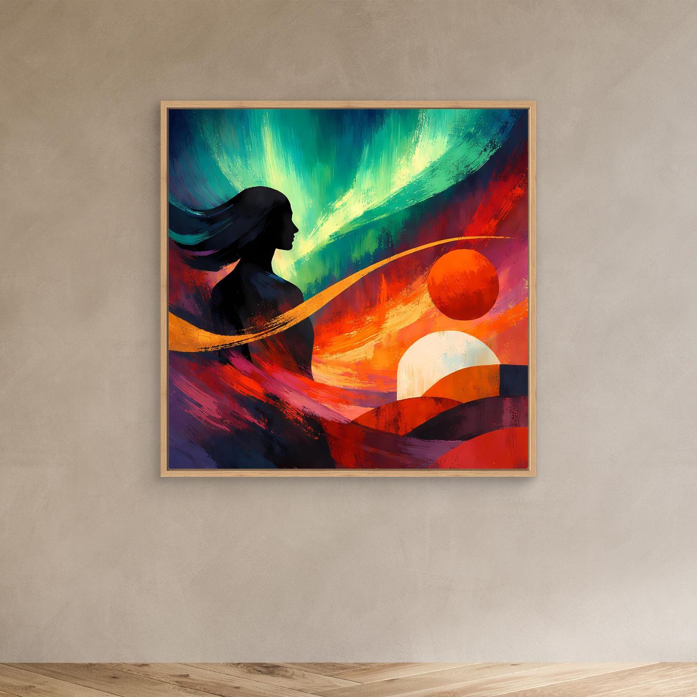 Leinwandbild mit abstraktem Polarlicht, Frauensilhouette und Farbkugeln, Holzrahmen