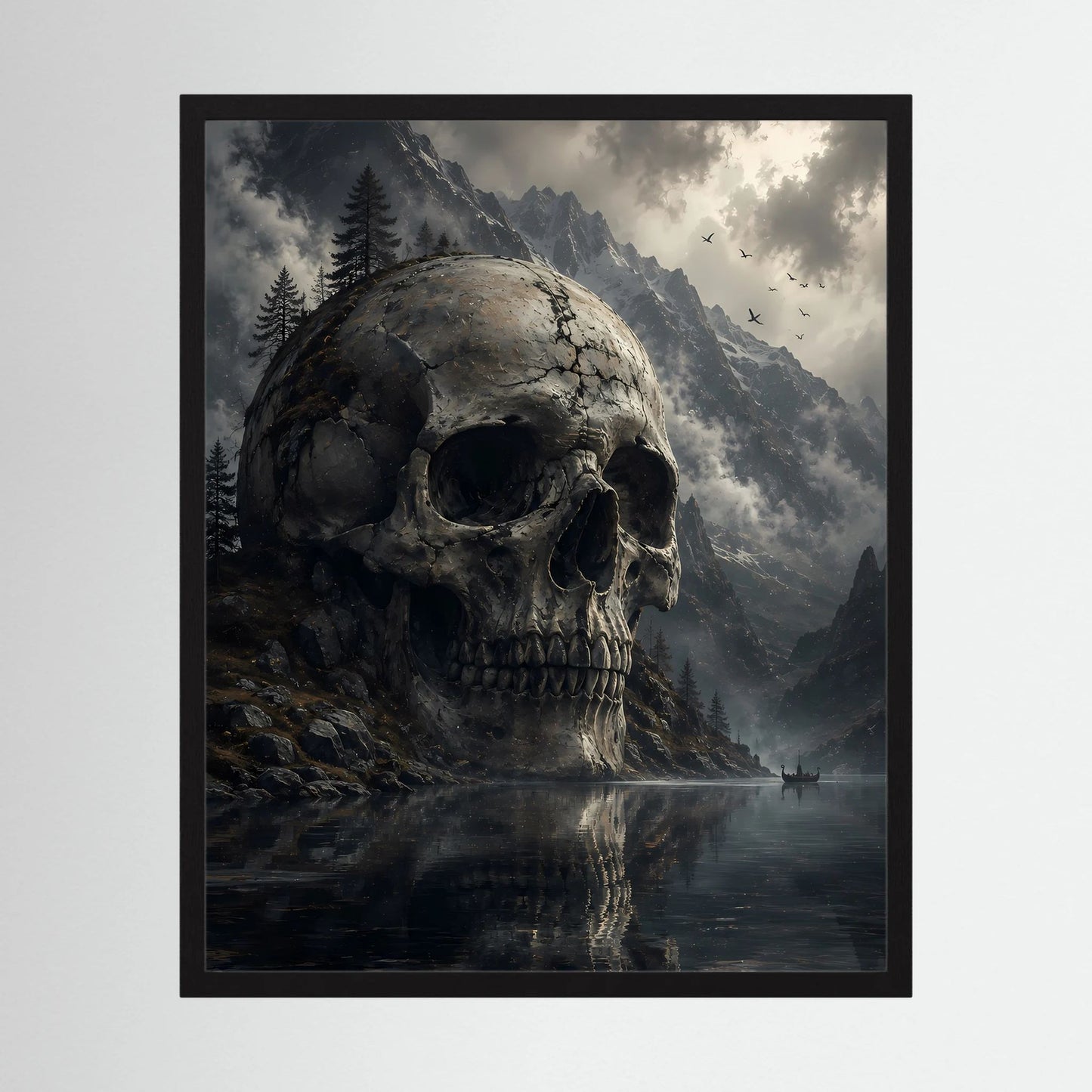 Poster mit Totenkopf im Bergsee im schwarzen Rahmen, düstere Berglandschaft