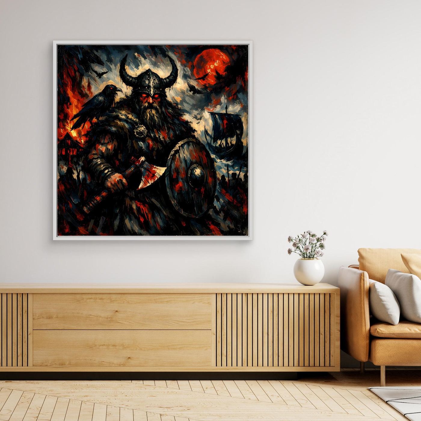 Leinwand Düsterer Wikinger-Krieger unter dem Blutmond | Expressives Nordmann Wandbild