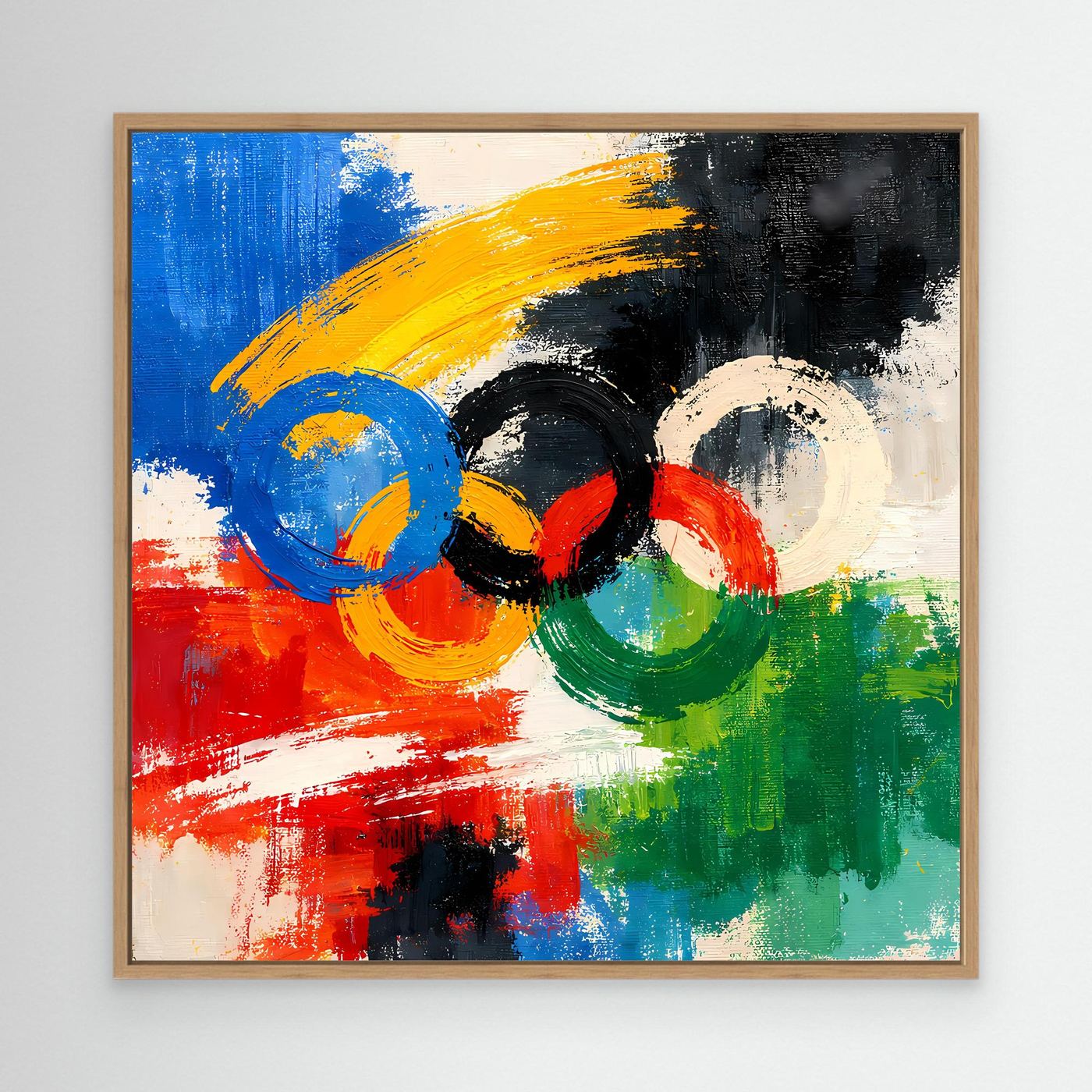Leinwandbild abstrakte Olympische Ringe: Blau, Gelb, Schwarz, Rot, Grün mit Eichenrahmen