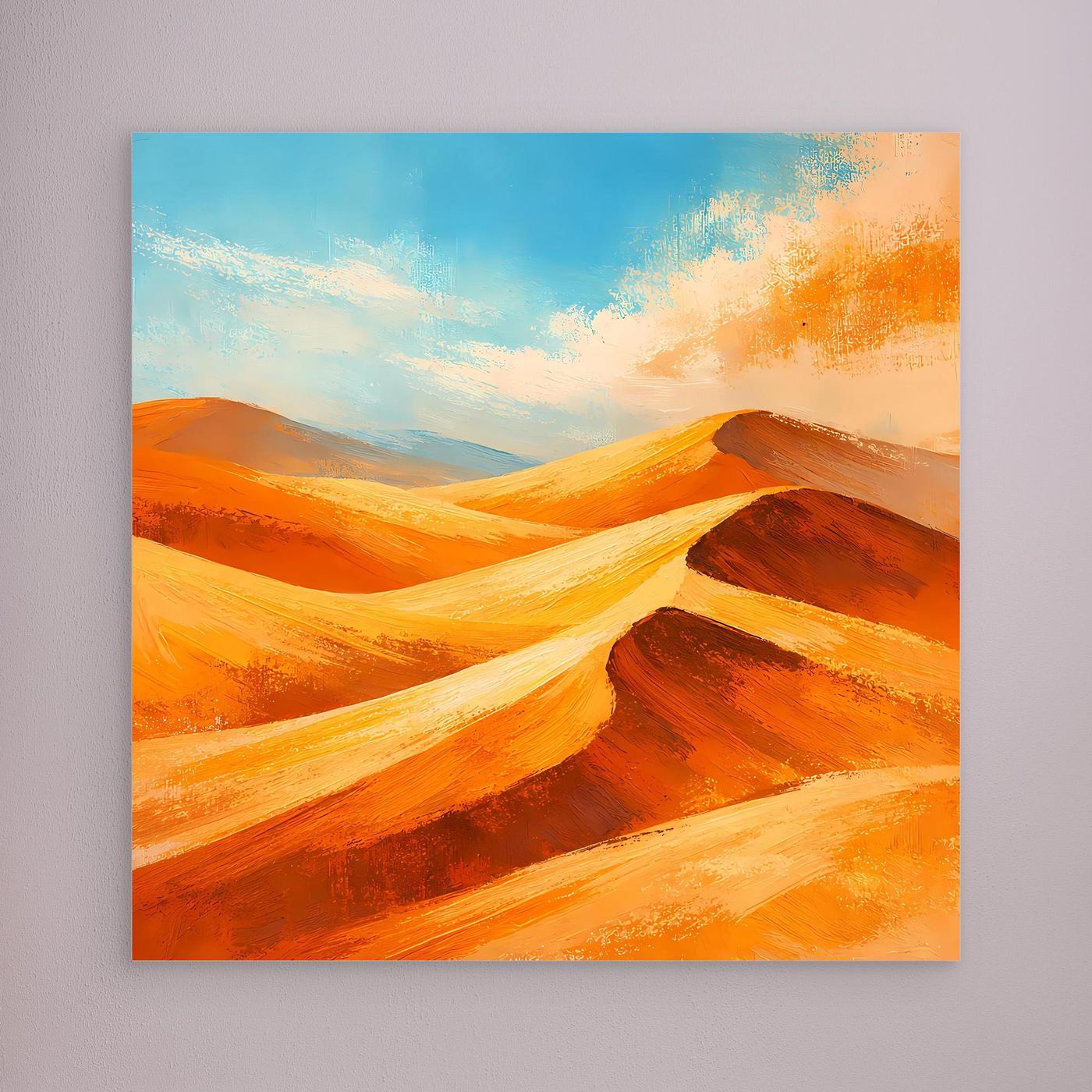 Abstract canvas wall art with blue sky and orange dunes, no visible frame