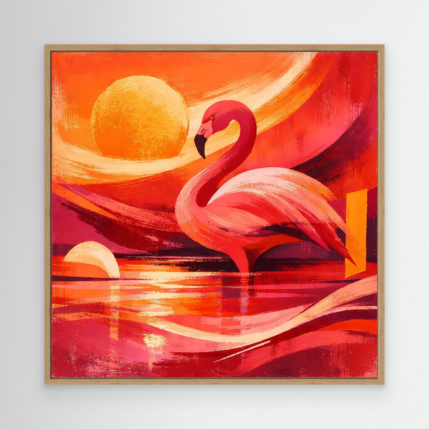 Modernes Leinwand-Wandbild im Eichenrahmen: roter Flamingo vor gelber Sonne und rotem Wasser