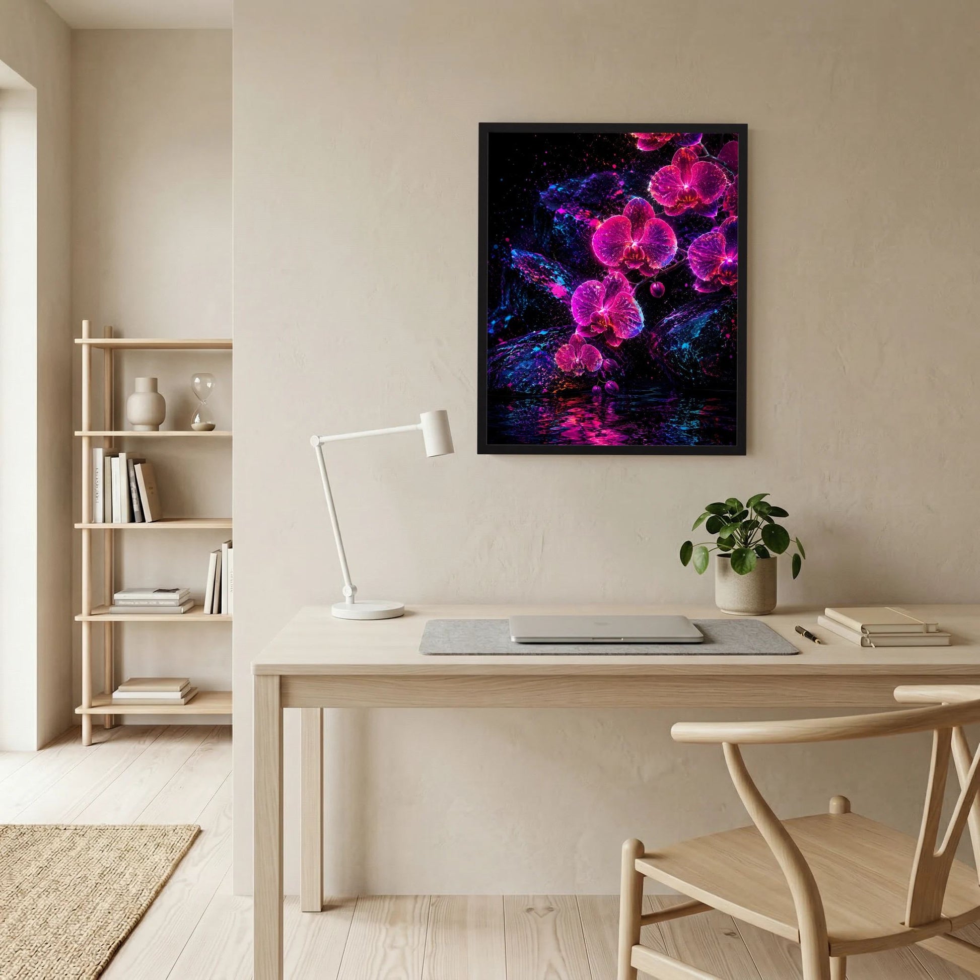 Kunstposter Hochformat mit leuchtenden Orchideen in Pink und Violett, umgeben von dunklen Farbtönen