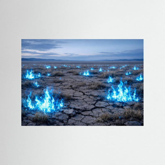 Fantasy-Poster mit brennenden blauen Irrlichtern über kargem, rissigem Boden, Querformat