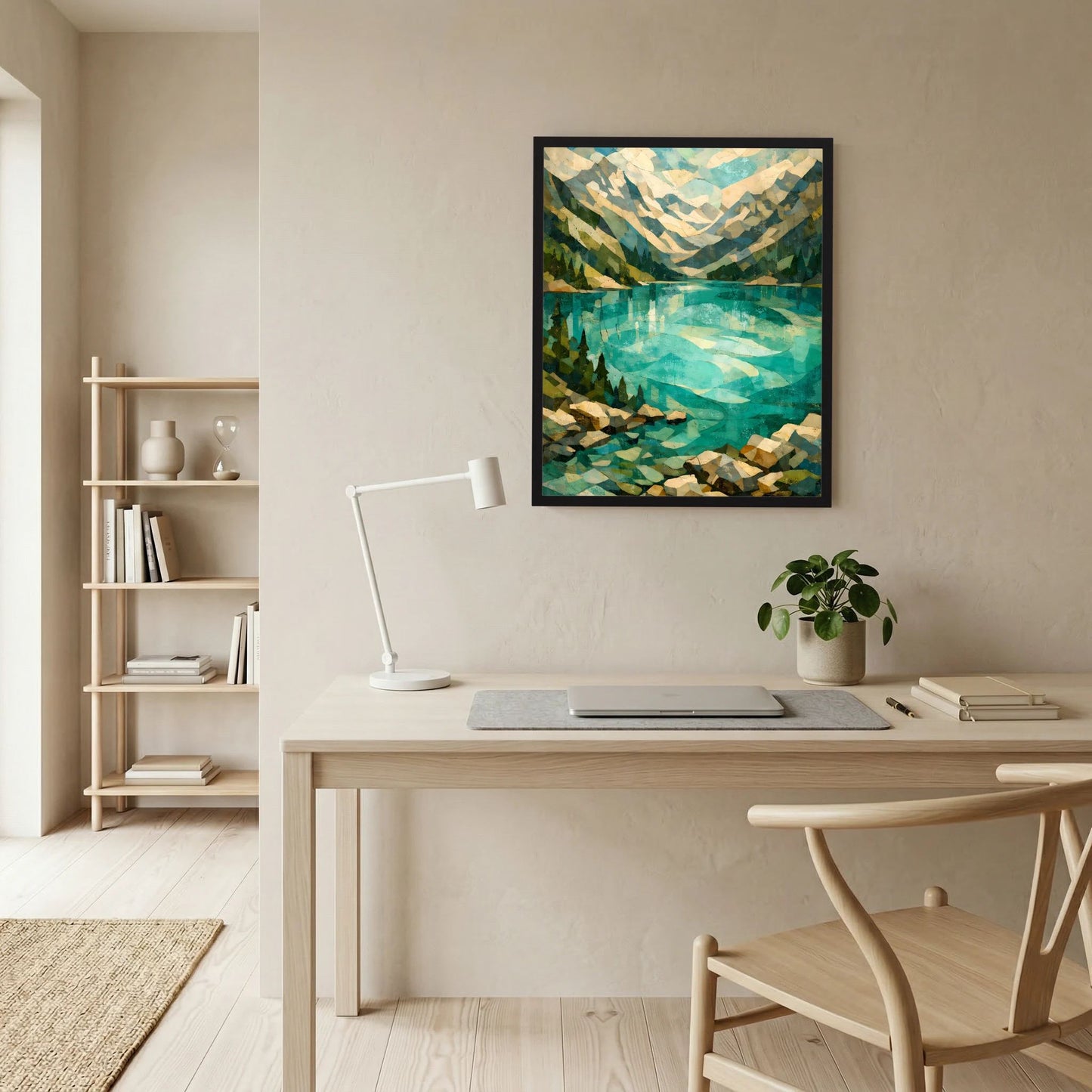 Gerahmtes Kunstposter: türkisgrüner See, Felsen im Vordergrund und Bergsilhouetten
