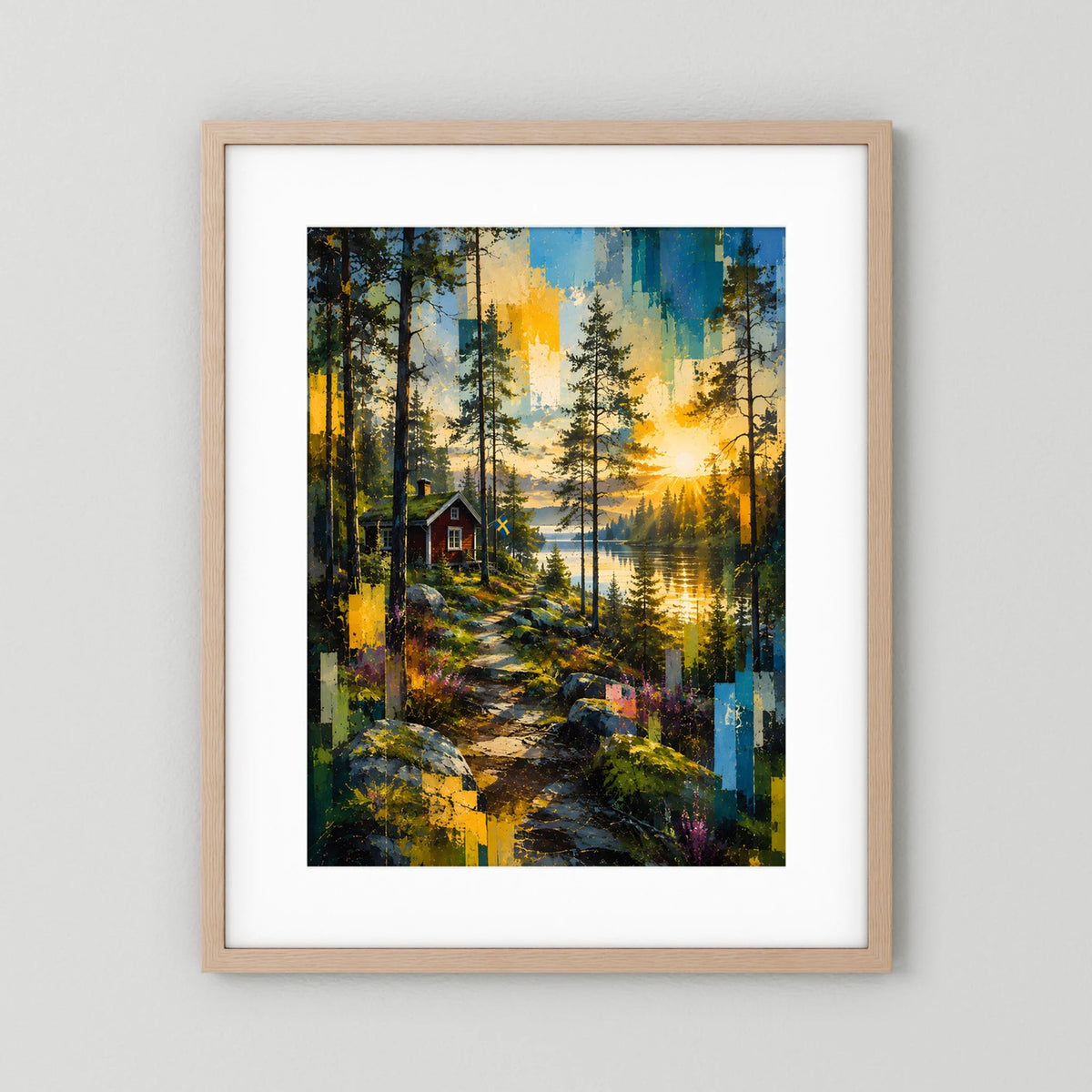 Gerahmtes Poster im Hochformat mit Waldlandschaft und See bei Sonnenuntergang, helles Holzrahmen mit weißem Rand