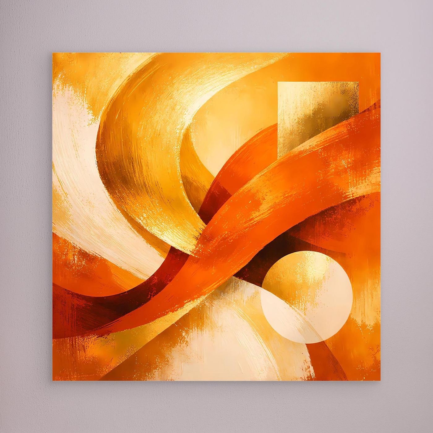 Abstraktes Leinwandbild mit goldenen und roten Wellen auf warm-orangefarbenem Hintergrund, ohne sichtbaren Rahmen.