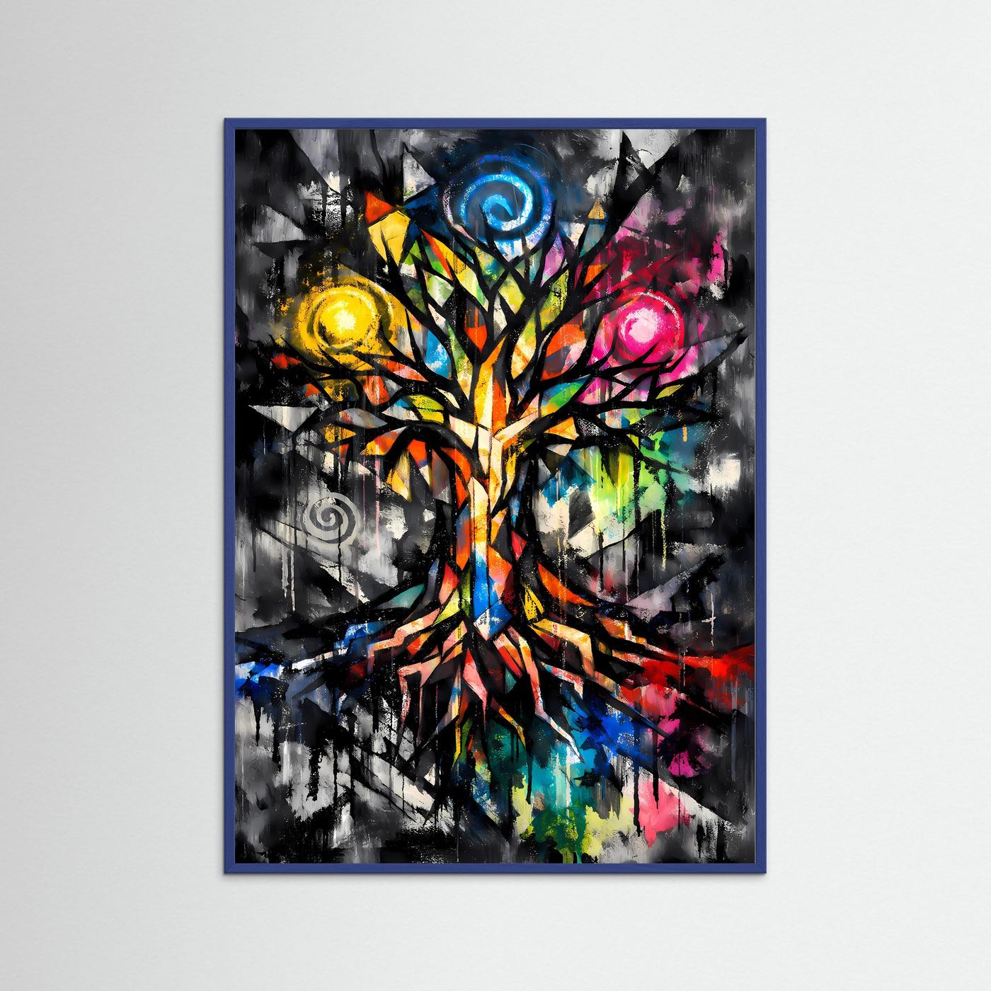 Die Energie des Lebens | Farbenfrohes Lebensbaum Poster in bunten Farben & Schwarz | Abstraktes Kunstposter Hochformat
