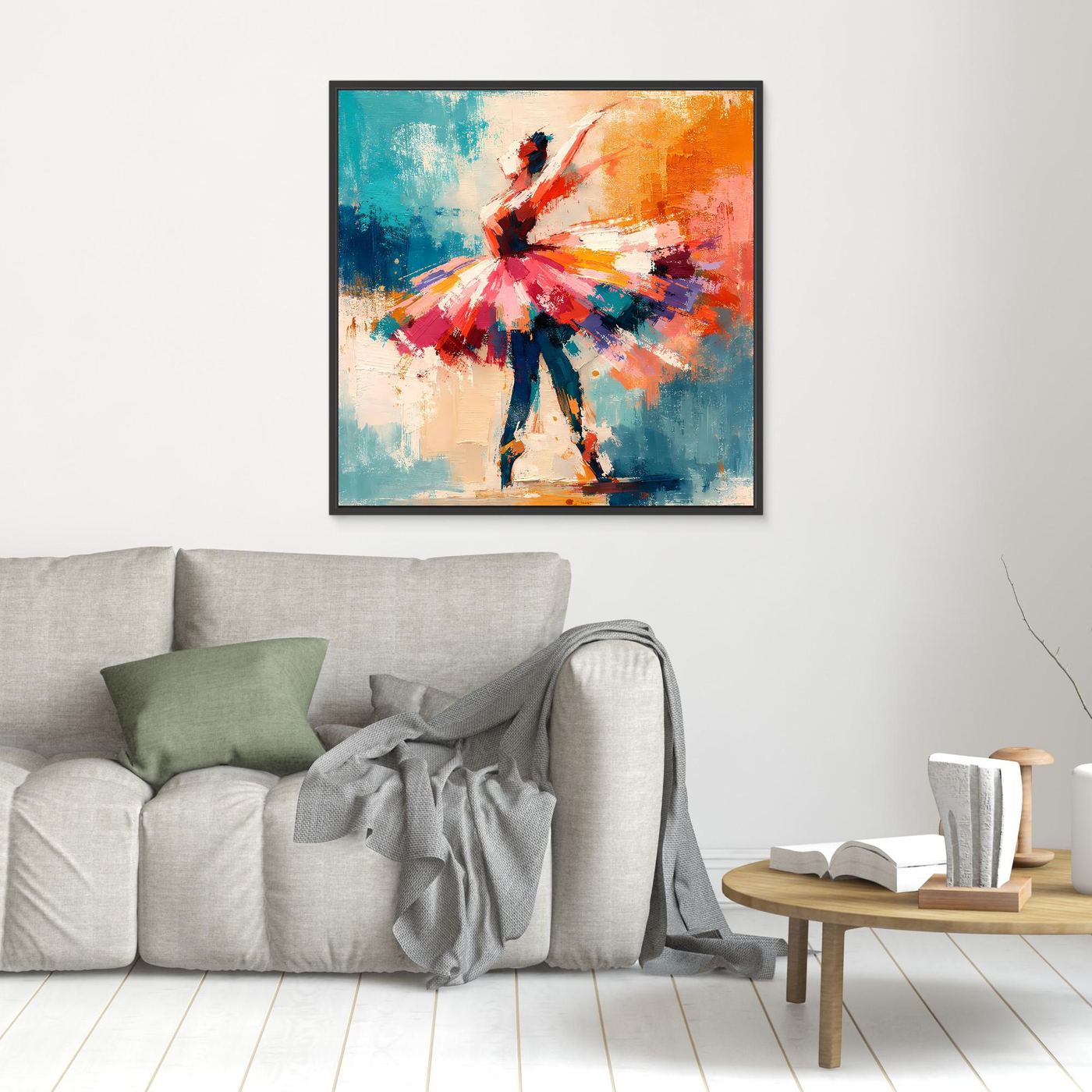Black-framed abstract ballerina wall art, dancer figure in red, blue, and orange strokes.