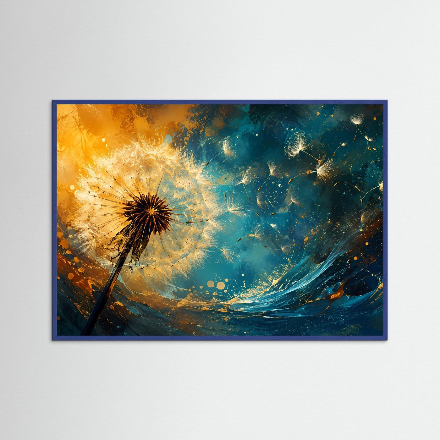 Pusteblume Poster | Löwenzahn Wandbild Modern | Gold Blau Abstrakte Naturkunst mit Schwebenden Samen