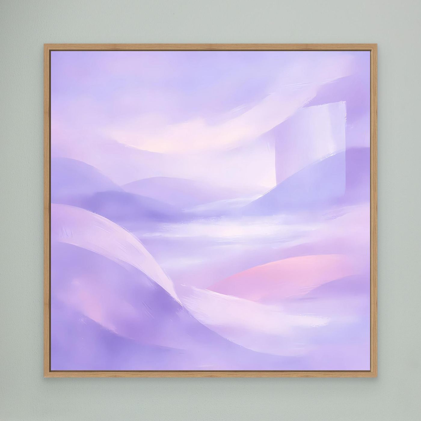 Abstraktes Leinwandbild mit Pastellhügeln in Violett- und Rosatönen, Eichenrahmen