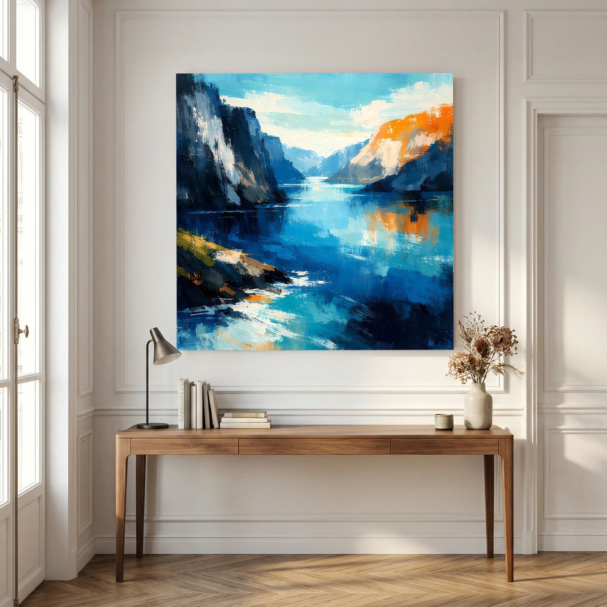 Leinwand Abstraktes Fjord Gemälde | Modernes Norwegisches Wandbild Blau Orange