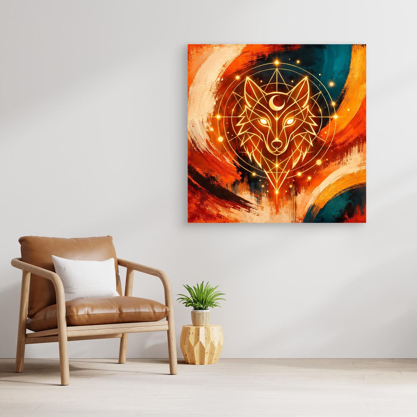 Gerahmtes quadratisches Leinwandbild mit geometrischem Wolfkopf, Orange- und Blauschattierungen