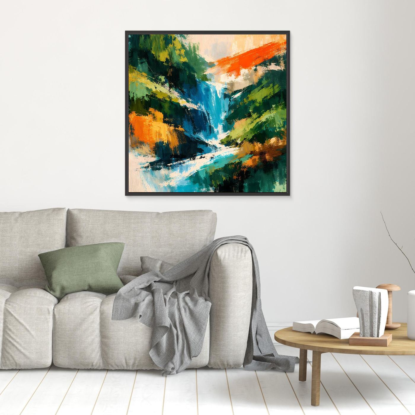 Quadratisches Leinwand-Wandbild mit abstraktem Wasserfall, farbige Pinselstruktur, schwarzer Rahmen