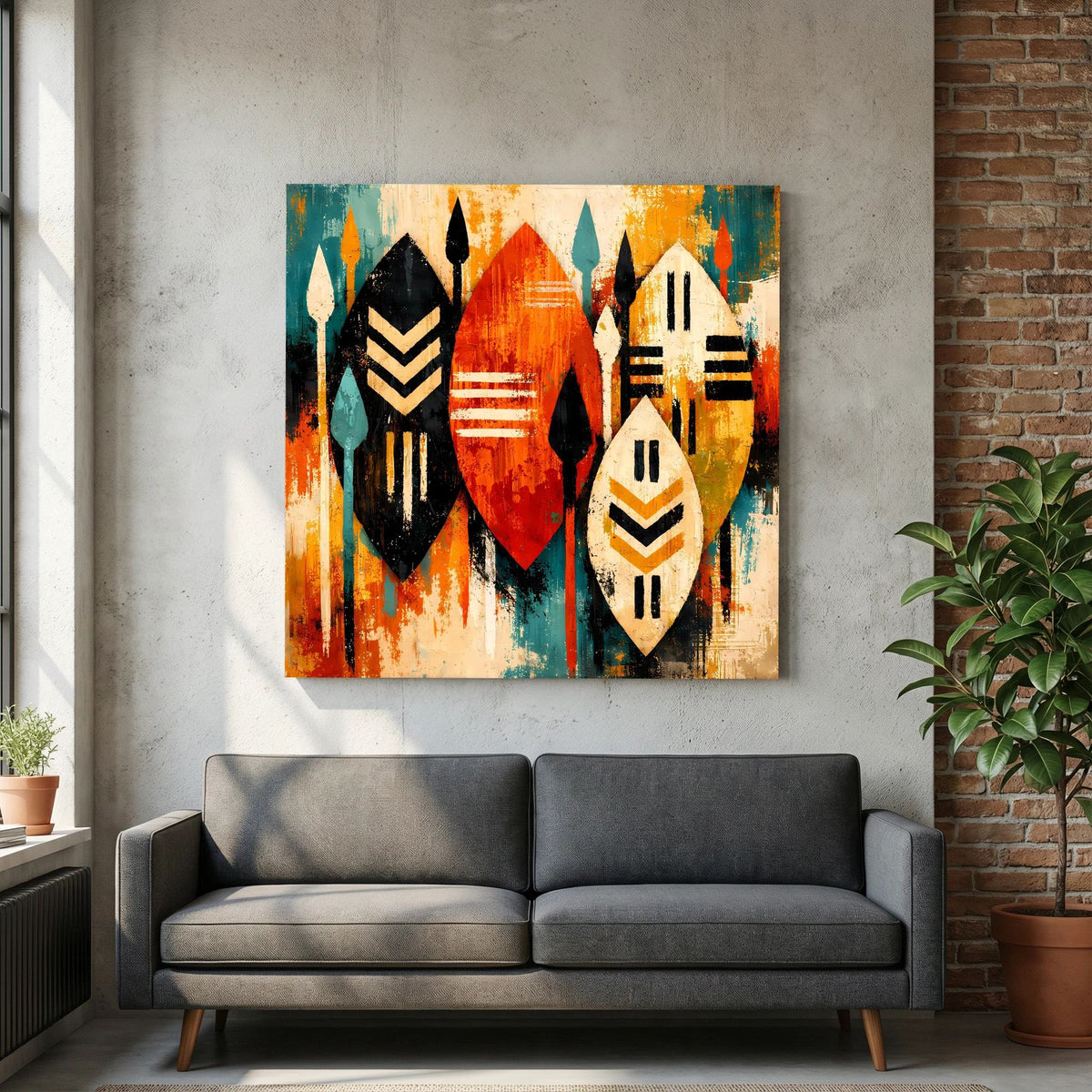 Abstraktes Wandbild mit drei stilisierten Schilden, orangefarbener Mittelbereich und schwarz-creme