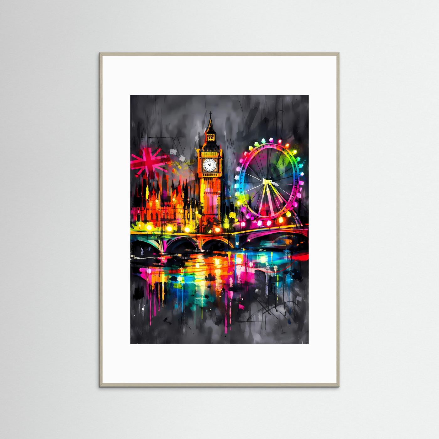 Die Lichter der Themse | Neon London Poster mit Big Ben & London Eye | Abstraktes Skyline Kunstposter Hochformat