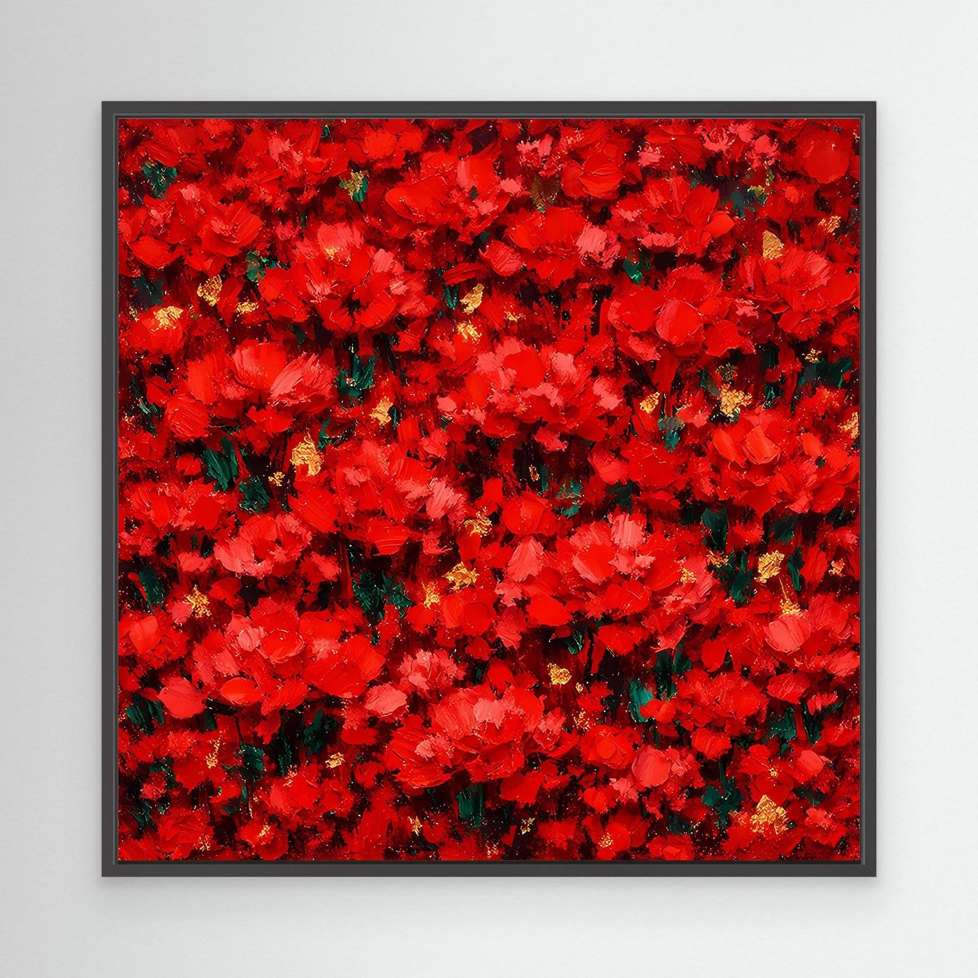 Abstraktes rotes Blütenmeer-Leinwandbild mit floralen Motiven, schwarzer Rahmen