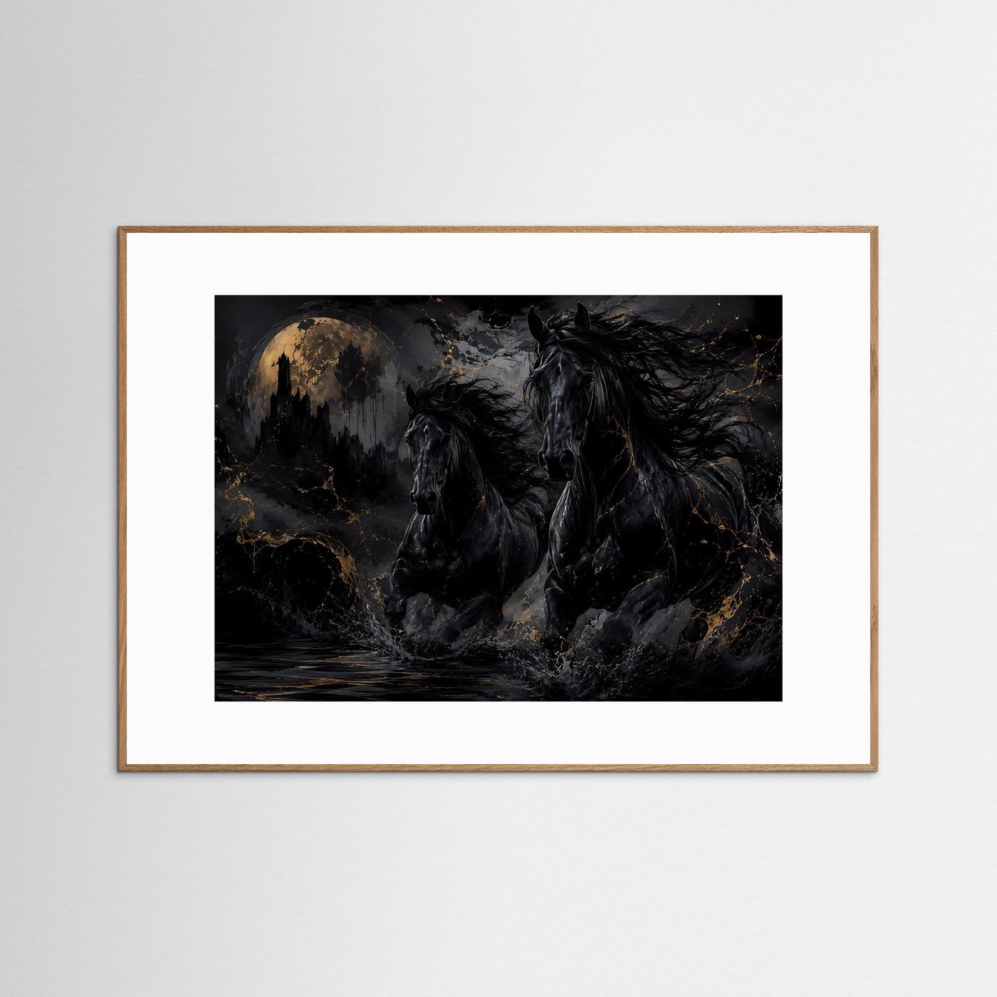 Schwarze Pferde Poster | Mystische Pferde Wandkunst mit Vollmond | Dunkle Fantasy Pferde | Eleganter Gothic Kunstdruck