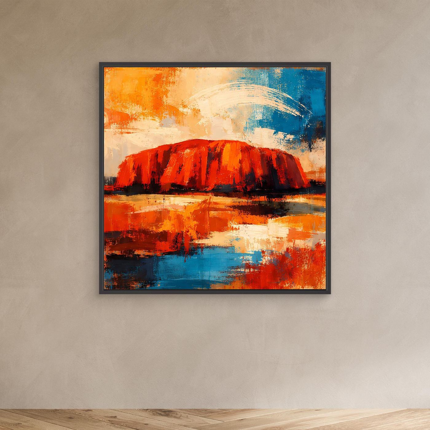 Leinwand-Wandbild mit Uluru-Fels im schwarzen Rahmen, kräftiges Rot, Orange und Blau.