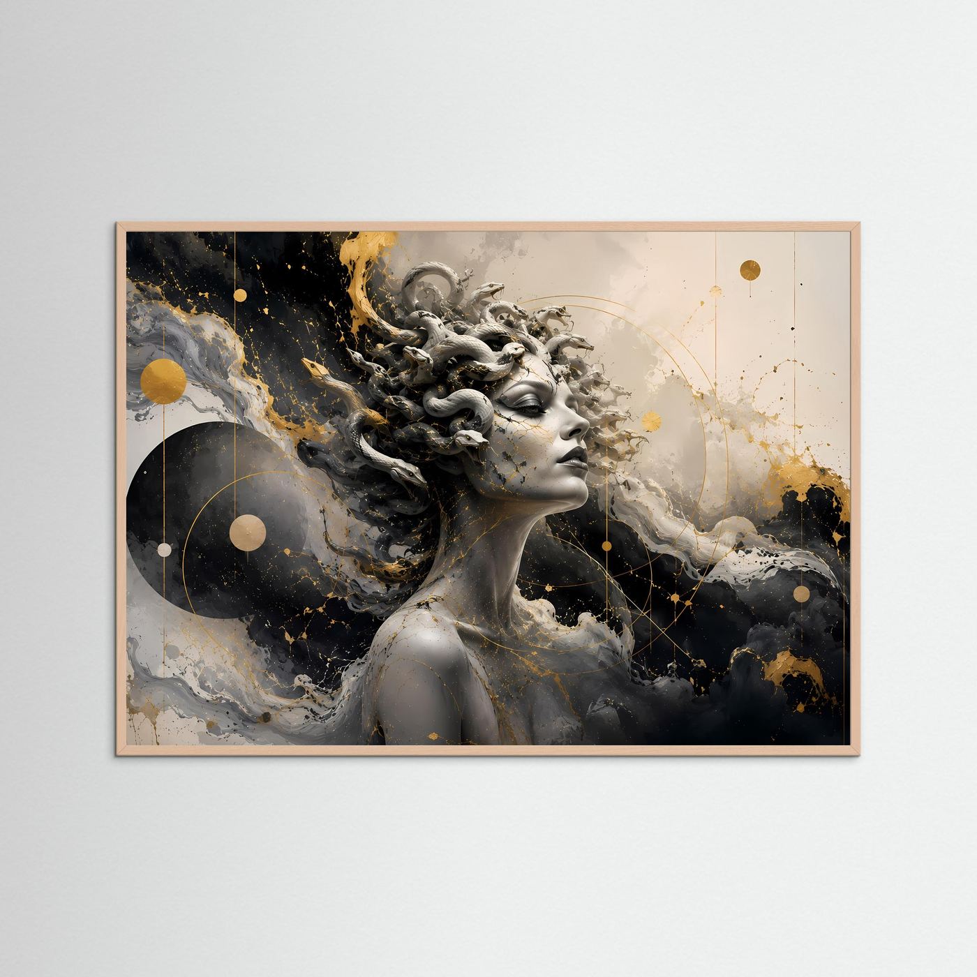 Medusa Poster Schwarz Weiß Gold | Mythologische Wandkunst | Abstrakte Gorgon Kunst | Elegantes Griechenland Portrait | Luxuriöse Leinwand
