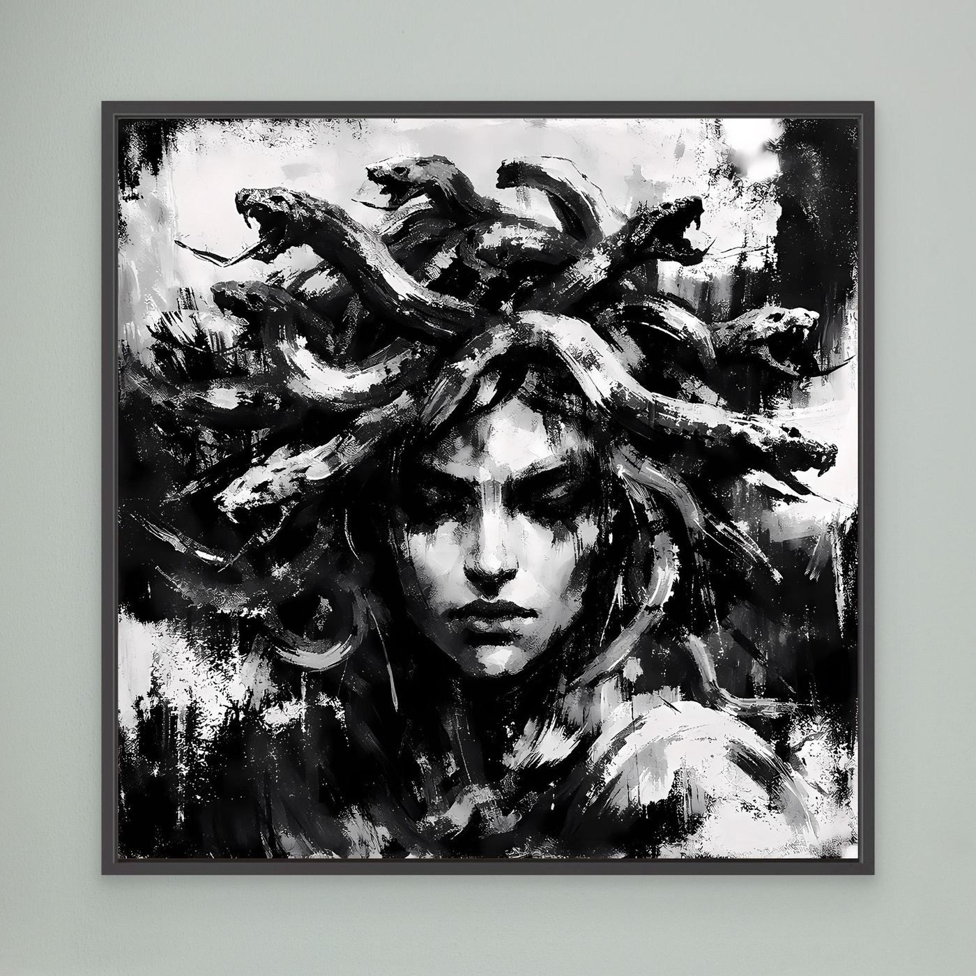 Dark-framed black-and-white abstract Medusa wall art with brush-stroke face