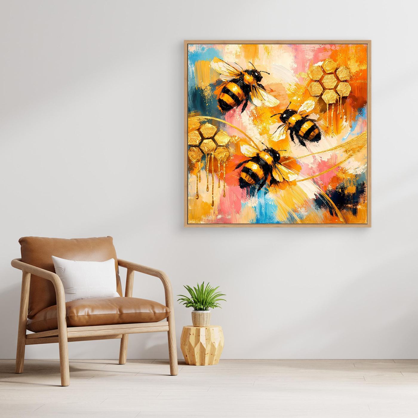 Leinwandbild mit abstrakten Bienen und goldenen Wabenmotiven, Holzrahmen, bunt gestaltet
