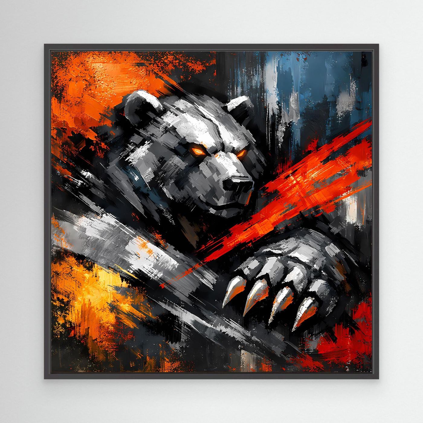 Wandbild Leinwand mit schwarzem Rahmen: Kampfbär-Illustration, schwarze Klauen auf Rot-Blau